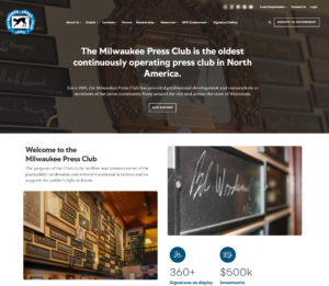 Vintage newsroom interior with chalkboards and framed plaques, representing the Milwaukee Press Club