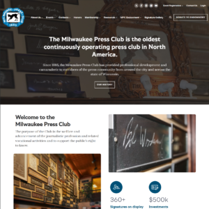Hero image of historic press plaques and a carved wooden frame, symbolizing Milwaukee Press Club's heritage in a dimly lit room.