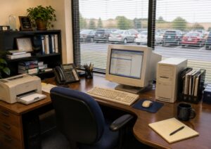 Early 2000s technology office workspace with a CRT computer, desktop equipment, office phone, printer, and traditional business furnishings.