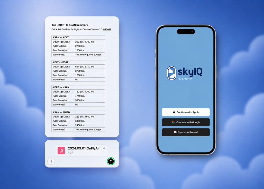 Smartphone screen showing skyIQ app login options: Continue with Apple, Google, or email; a pale blue gradient background behind.